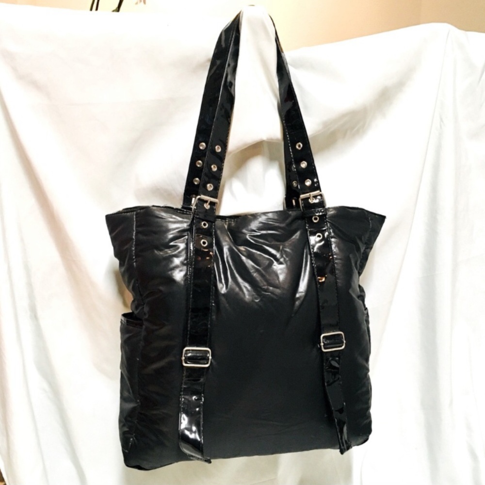 NWT Large Black Nylon Puffer Patent Tote Bag